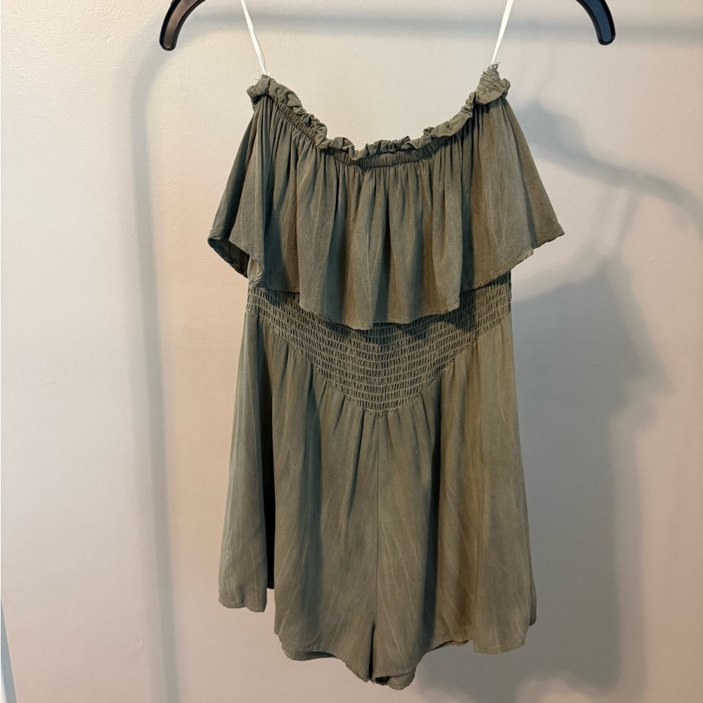 Olive Strapless Smocked Romper, size small
